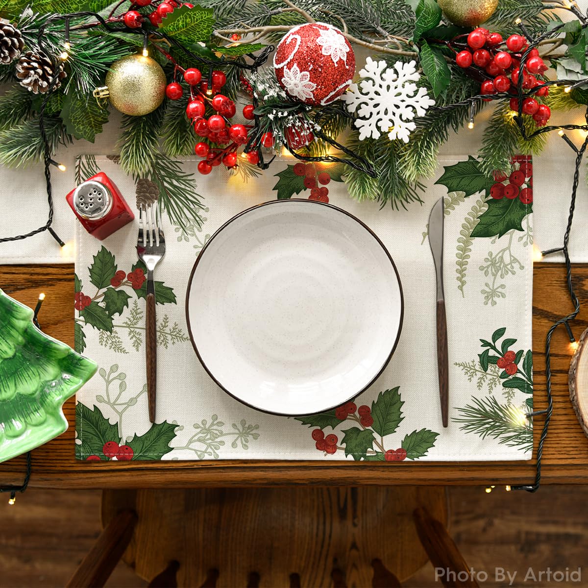 Artoid Mode Holly Pine Cone Christmas Placemats Set of 4, 12x18 Inch Seasonal Winter Table Mats for Party Kitchen Dining Decoration Artoid Mode