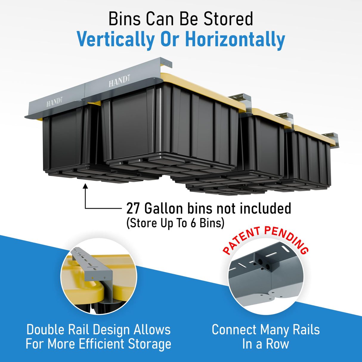 HANDT Overhead Garage Storage Rack, Connectable Heavy Duty Metal Ceiling Rails for Garage Storage Organization Shelving System, Supports Up to 6 Bins, 4 Sets Gray HANDT