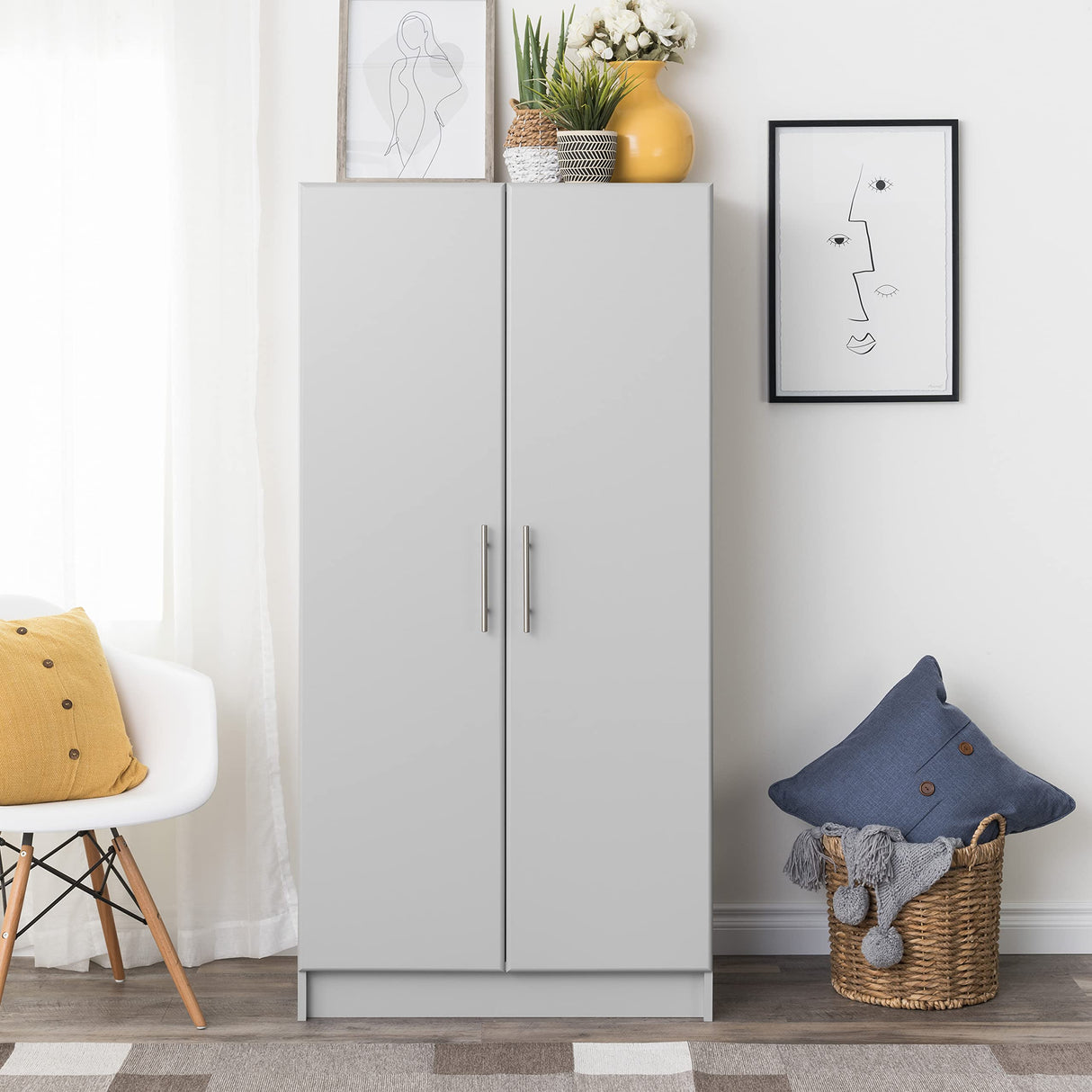 Prepac Elite 32" Storage Cabinet Closet, Light Gray Storage Cabinet with Hanging Rail and Shelves for Living room, Kitchen and Laundry room 24.5" D x 32" W x 65" H Prepac
