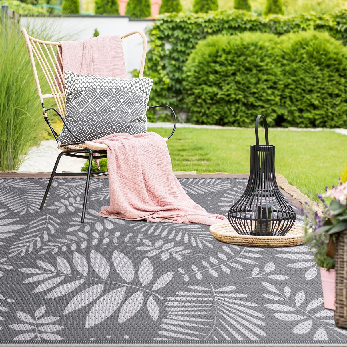 Outdoor Rug, Patio Rug, Plastic Straw Camping Rugs, Large Waterproof Area Rug and Mat for Outdoors, RV, Patio, Backyard, Deck, Porch, Beach, Balcony, (5'x 8', White&Gray) StepRite