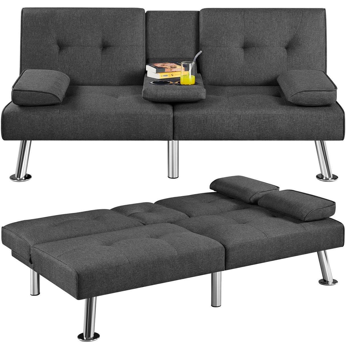 Yaheetech Convertible Sofa Bed Adjustable Fabric Couch Sleeper Modern Recliner Reversible Loveseat Folding Daybed Guest Bed, Removable Armrests, Cup Holders, 3 Angles, 772lb Capacity, Dark Gray Yaheetech