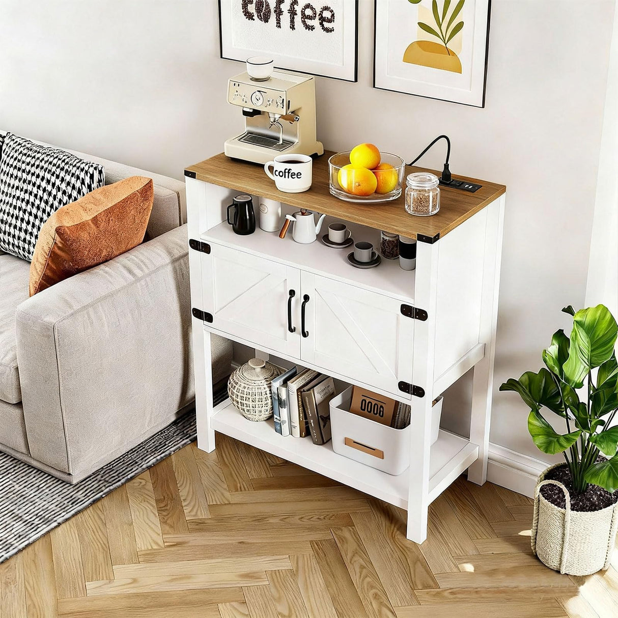 M METERXITY Console Table with Outlets, Farmhouse Coffee Bar Cabinet, 31.5 l x 13.8 D x 35.5 H, Entryway Table with Storage Cabinets for Living Room, Couch, Hallway, Foyer, Kitchen (White) M METERXITY