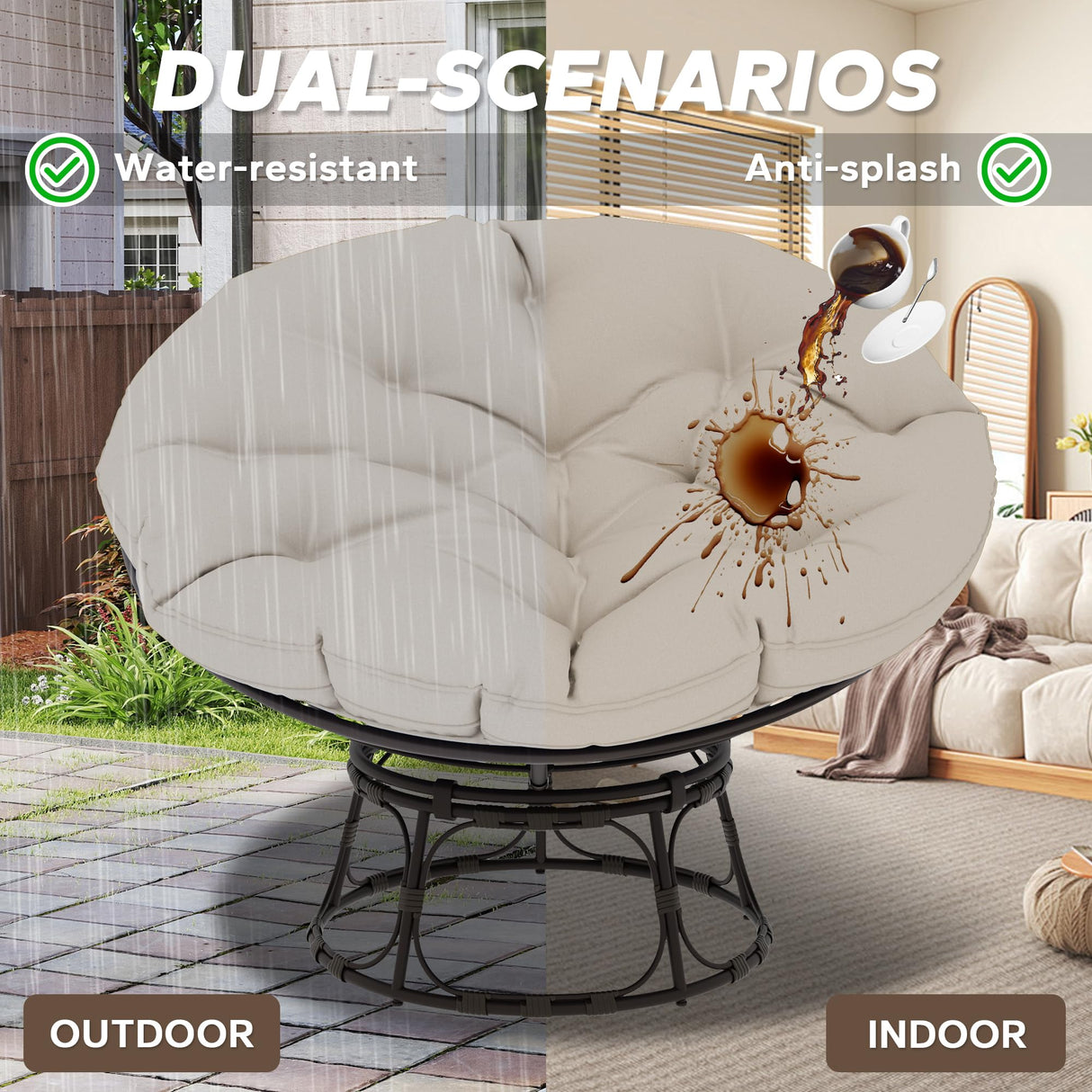 MeetLeisure 46'' Large Size Papasan Chair with Cushion and Frame, Overstuffed Thickened Papasan, Lazy Circle Round Chair, Beige MeetLeisure