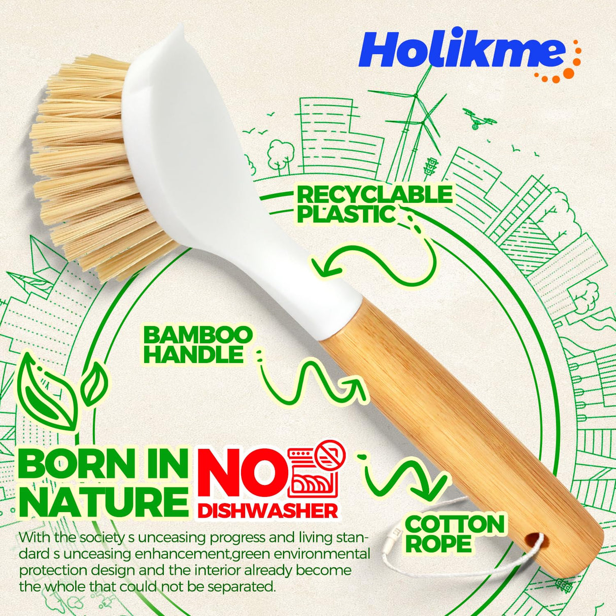 Holikme 3 Pack Dish Brush Set with Bamboo Handle, Kitchen Cleaner for Cleaning Pot, Sink and Stove, Skillet Scrubber with Tough Bristles for Cast Iron Grill Pan, Yellow White Black Holikme