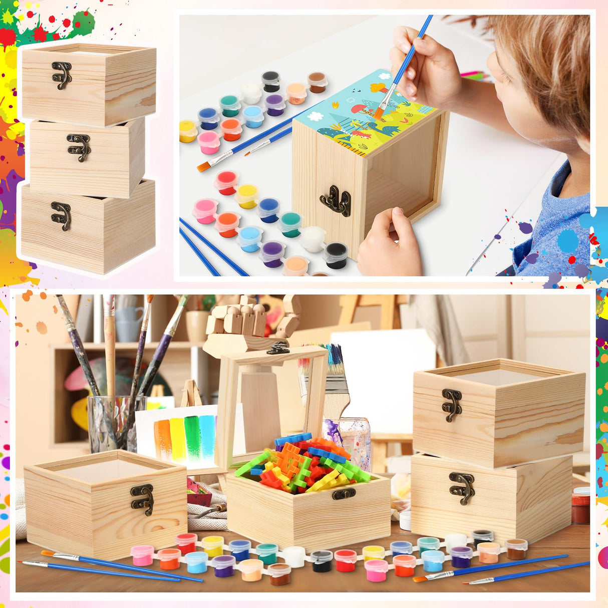 Chunful 6 Set Unfinished Wooden Boxes for Crafts 4.72 x 4.72 x 3.15 Inch Small Wood Jewelry Treasure Chest Box with Hinged Glass Lid for DIY Project Craft Painting Gifts Chunful