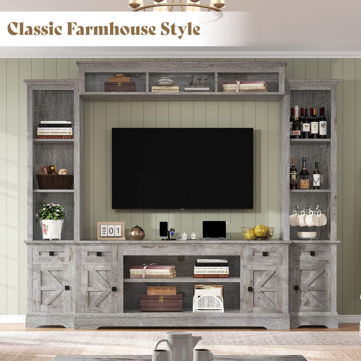 AMERLIFE 98" Farmhouse Entertainment Center Wall Unit with Bookshelves, Wine Cabinet, Fits 78" TVs, Large TV Stand with Power Outlets & Barn Door, Rustic Media Console for Living Room, Gray AMERLIFE