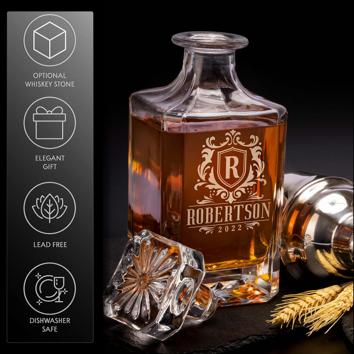 Personalized Whiskey Decanter Set - 5 Design Options - Custom Liquor 25 oz, 750ml Liquor Decanter w/Whiskey Glass Set Options, Birthday & Retirement Gifts for Men Lara Laser Works