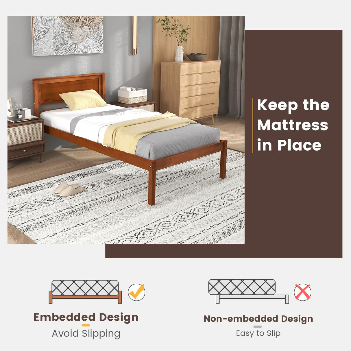 KOMFOTT Twin Size Wood Platform Bed Frame with Headboard, Solid Wood Bed Frame with Slat Support, Under Bed Storage, 16-Inch Mattress Foundation Bedroom Furniture, No Box Spring Needed KOMFOTT