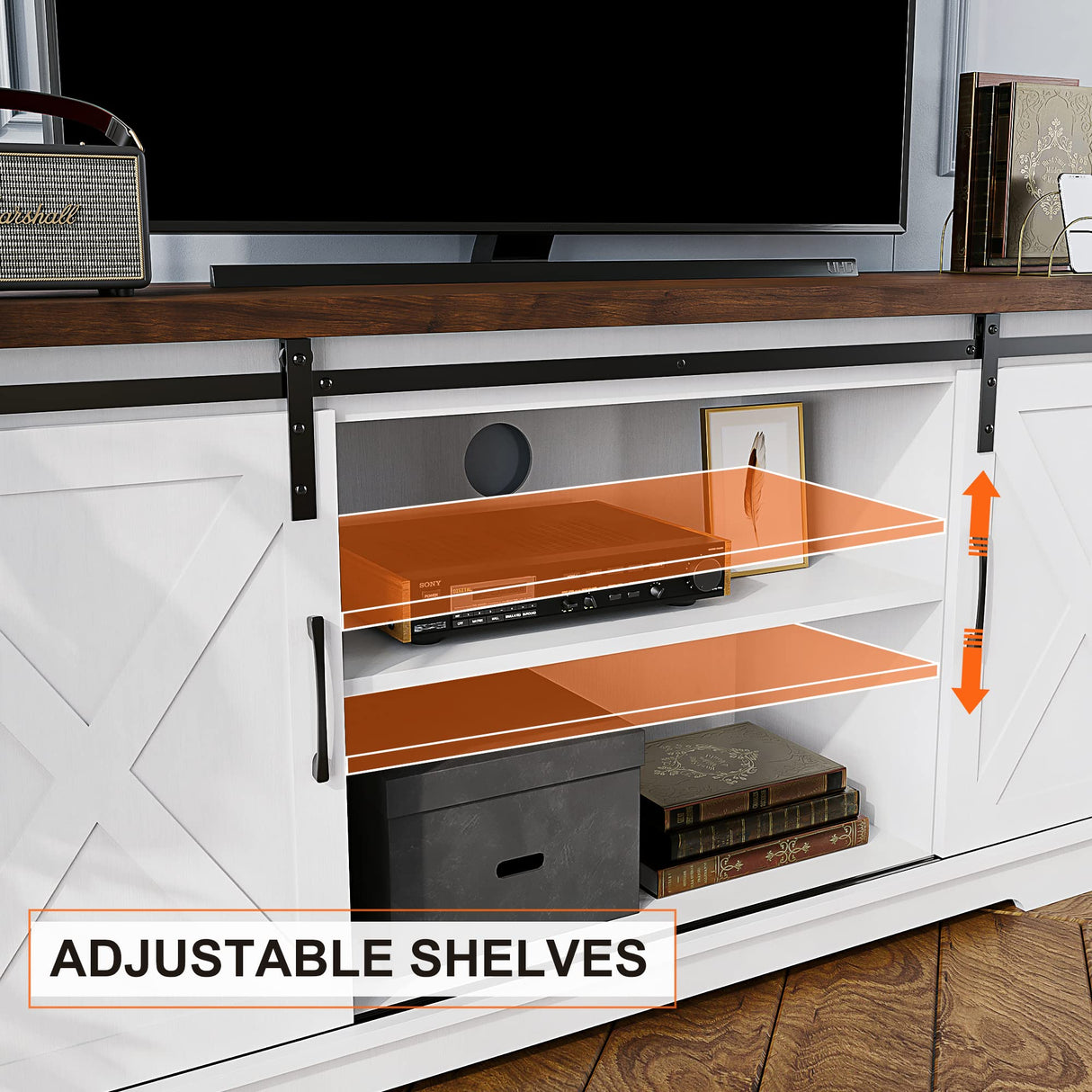 IDEALHOUSE TV Stand for 65 Inch TV, Farmhouse Entertainment Center TV Media Console Cabinet, Barn Door TV Stand with Storage and Shelves, Modern TV Console Table Furniture for Living Bedroom (White) IDEALHOUSE