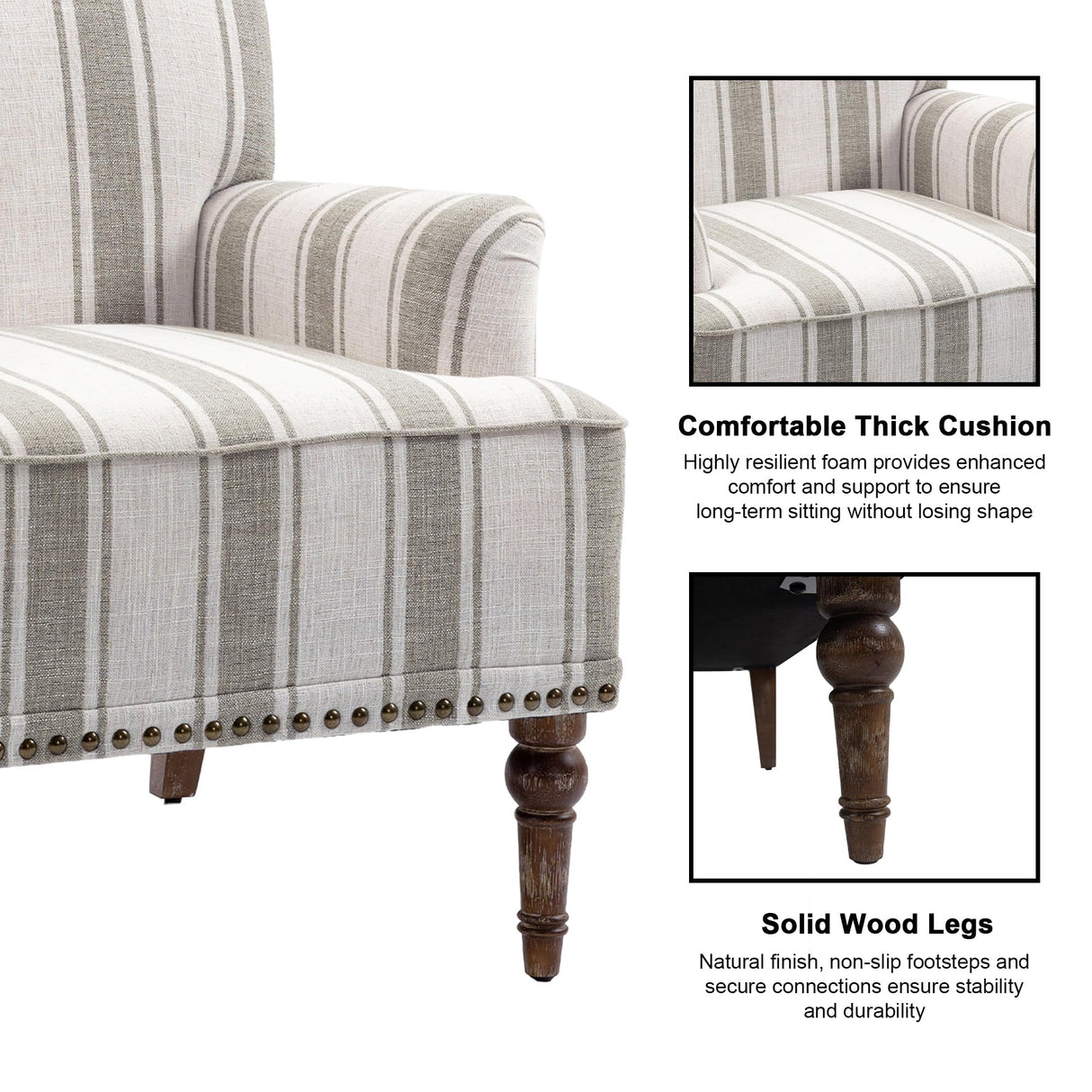 DREAMSIDEA Accent Chair, Mid Century Modern Comfy Armchair for Living Room, Linen Fabric Single Sofa Lounge for Reading Bedroom Apartment Waiting Room with Wood Legs (Brown Stripe, Set of 1) DREAMSIDEA