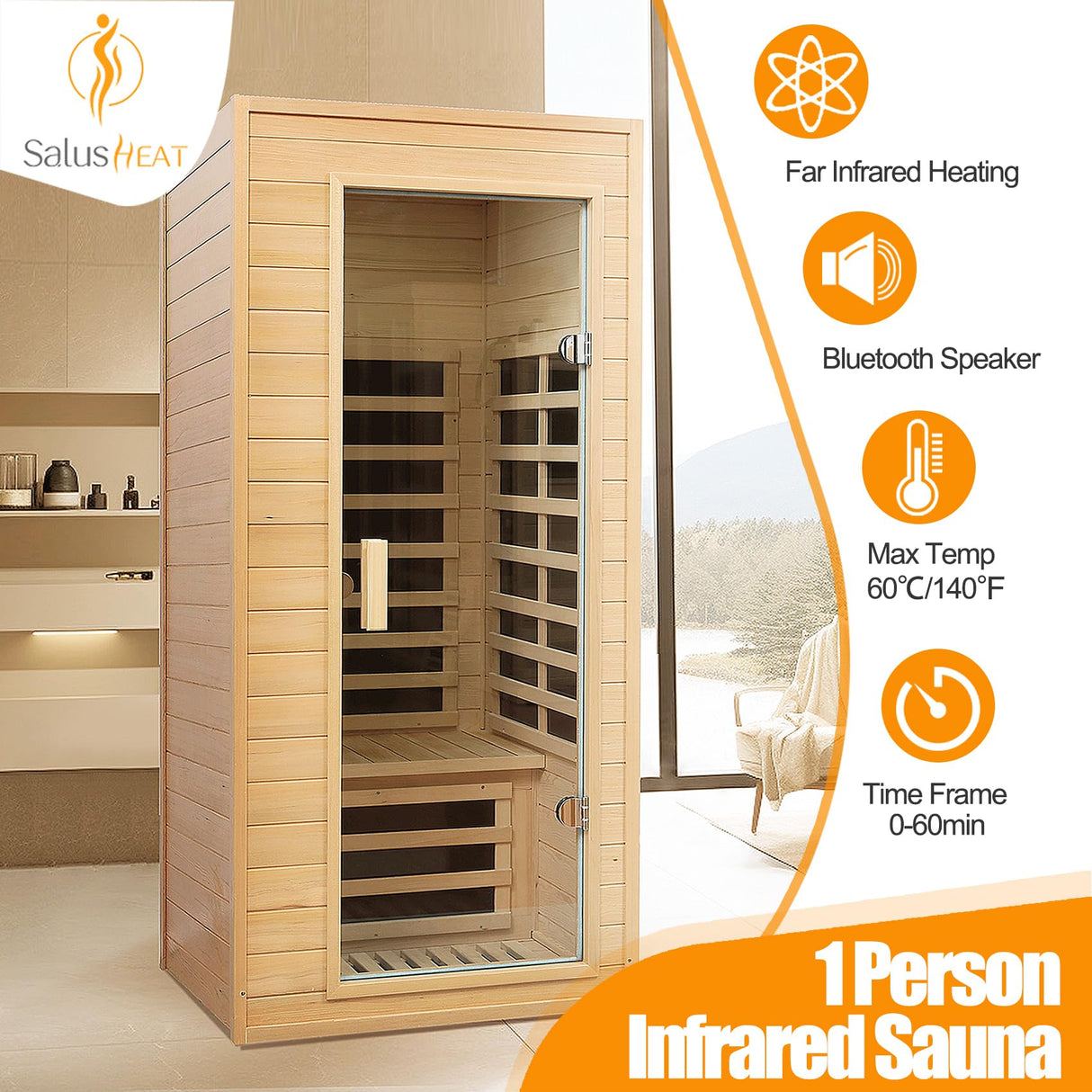 SALUSHEAT Far Infrared Sauna, 1 Person Infrared Sauna, Canadian Hemlock Wood 1290W Low-EMF Infrared Saunas for Home with Control Panel, Bluetooth Speakers, Reading Lamp SALUSHEAT