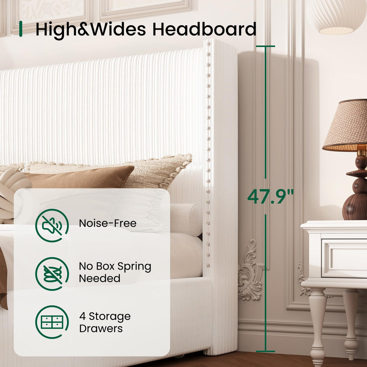 LARMACE King Size Bed Frame with 4 Storage Drawers Modern White Corduroy Upholstered Platform Bed Frame with Headboard Tufted Vertical Stripe &Wooden Slats Support, No Box Spring Need,Easy Assembly LARMACE