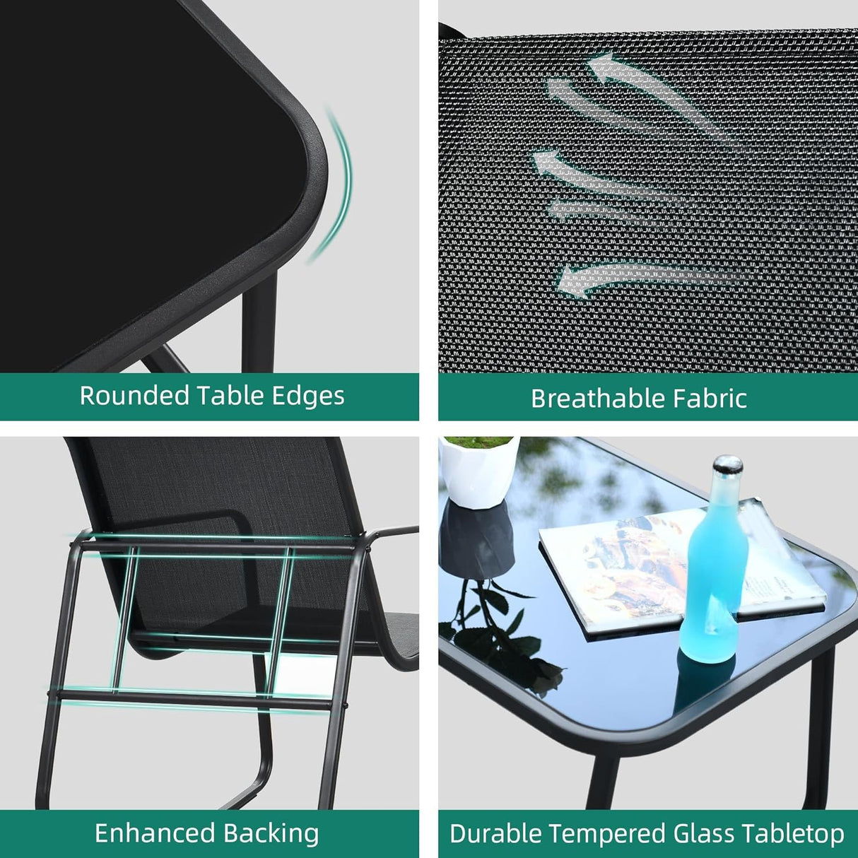 YITAHOME 4 Pieces Patio Furniture Set, Outdoor Textilene Conversation Sets Rocking Bistro Chairs, Loveseat and Glass Table for Living Room Lawn Garden Balcony Poolside Backyard (Black) YITAHOME