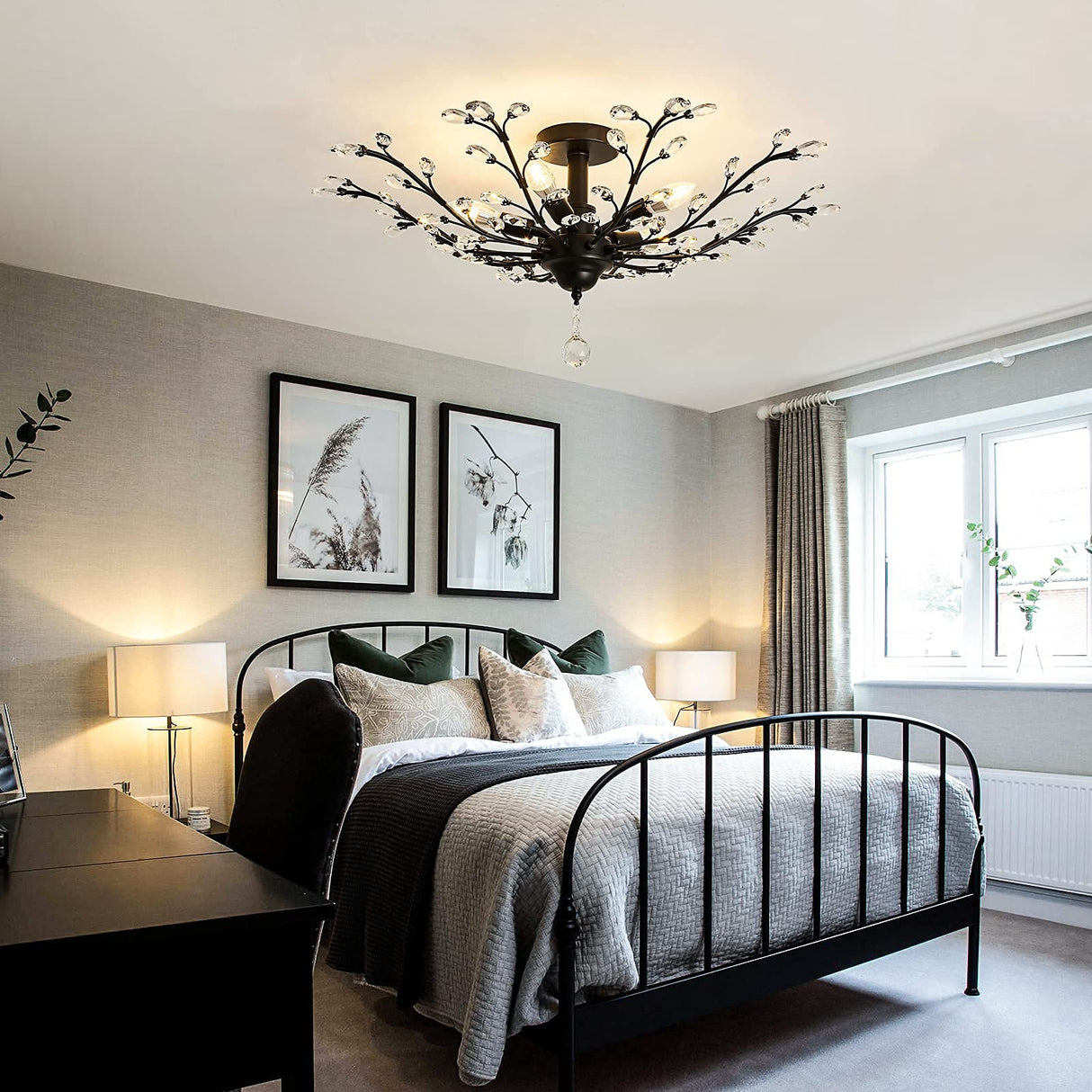 CVKASH 5 - Light Vintage Small Crystal Chandelier Modern Semi Flush Mount Ceiling Light Fixture Chandelier Lighting for Kitchen Bedroom Living Room Dining Room Hallway Foyer(Black) CVKASH