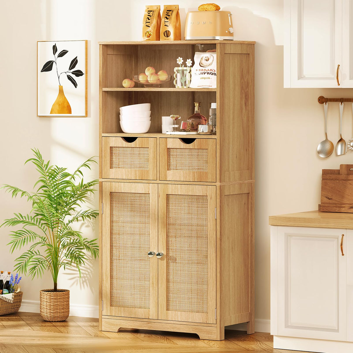 Iwell Tall Storage Cabinet, Rattan Cabinet with 2 Drawers & Adjustable Shelf, Accent Cabinet for Living Room, Dining Room, Home Office, Natural Iwell
