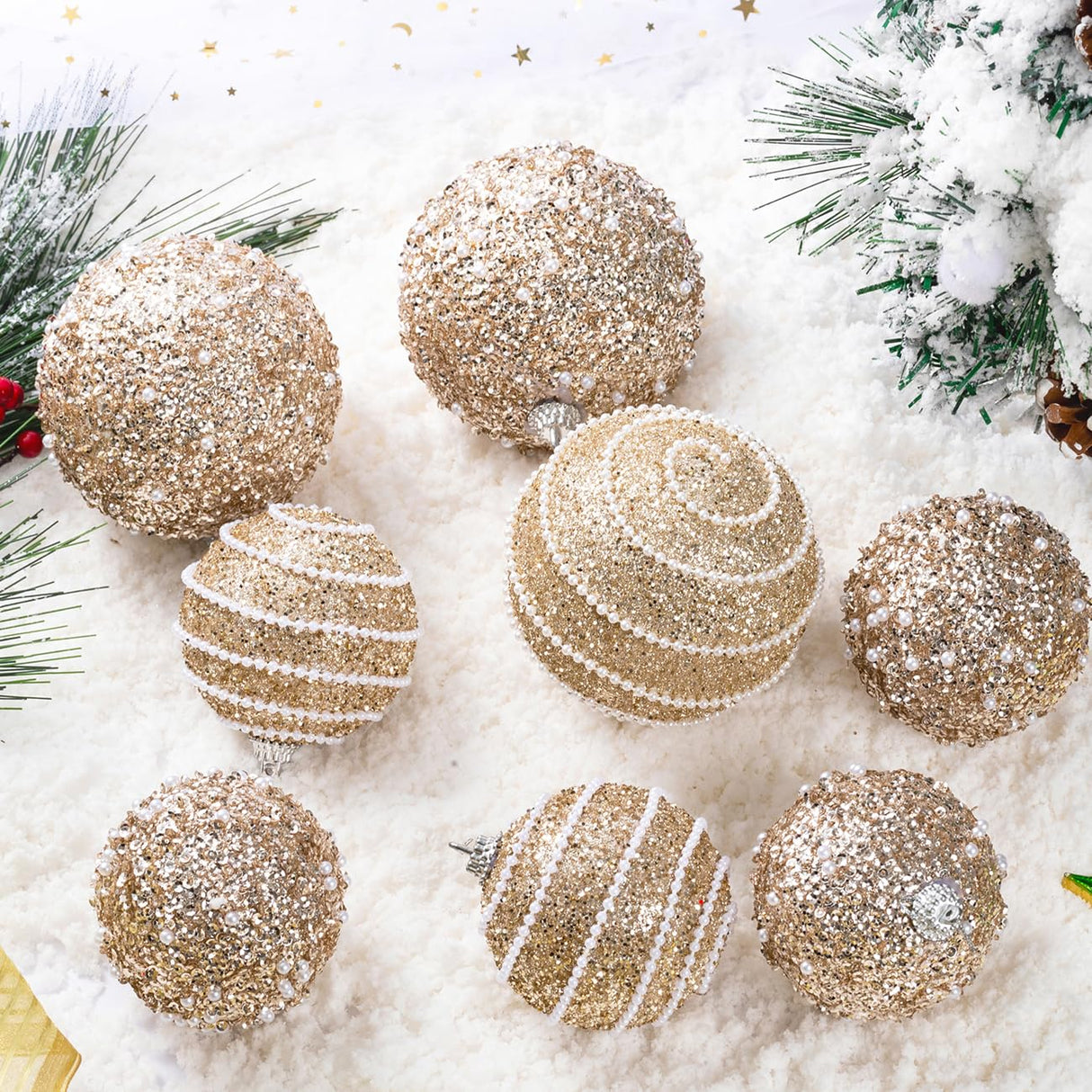 Champagne Gold Christmas Ball Ornaments, Christmas Ball Decorations Shatterproof Plastic Hanging Pearl Balls for Holiday Party(70mm/2.76", 12ct) Munansli