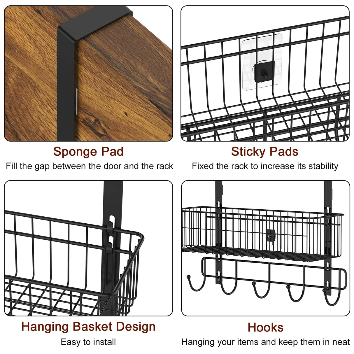 YBING Over The Door Organizer with Hooks 3 Tier Back Towel Hanger Baskets Metal Behind Hanging Storage Shelf Pantry Racks for Bedroom Bathroom Black, R01-R984 YBING