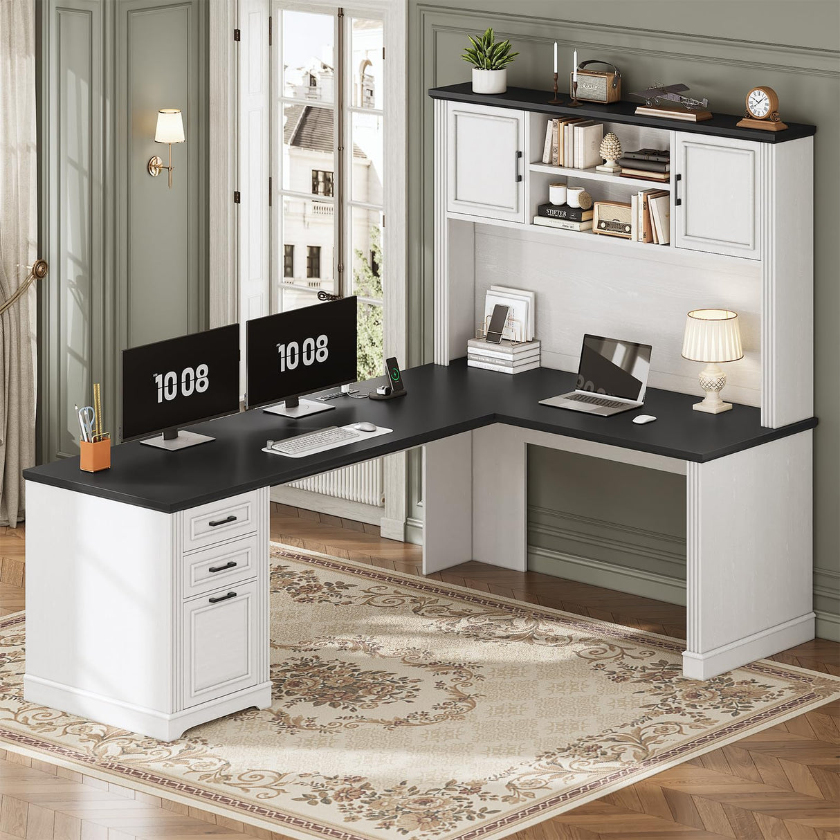 SEDETA Farmhouse L Shaped Desk with Hutch and 3 Drawers, 68.9" Executive Office Desk with File Drawer and Power Outlet, Corner Computer Desk with Storage Shelves for Home Office, White SEDETA