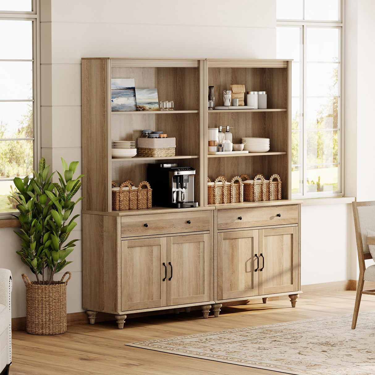 5 Tier Bookshelf 72" Tall Bookcase with Barn Doors, Large Farmhouse Display Book Shelf with 2 Drawers and Storage Cabinet, Library Wood Bookshelves for Living Room,Kitchen, Oak(2PCS) WAMPAT