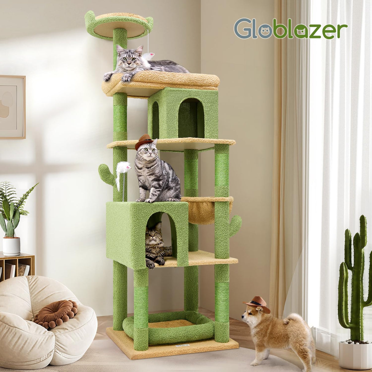 Globlazer S72 Heavy Duty Cactus Cat Tree for Large Cats, Sturdy 72in Maine Coon Cat Tree for Large Cats 20 lbs+ Cactus Cat Tower for Adult Biggest Cats with 6 Scratching Posts, Hammock Globlazer