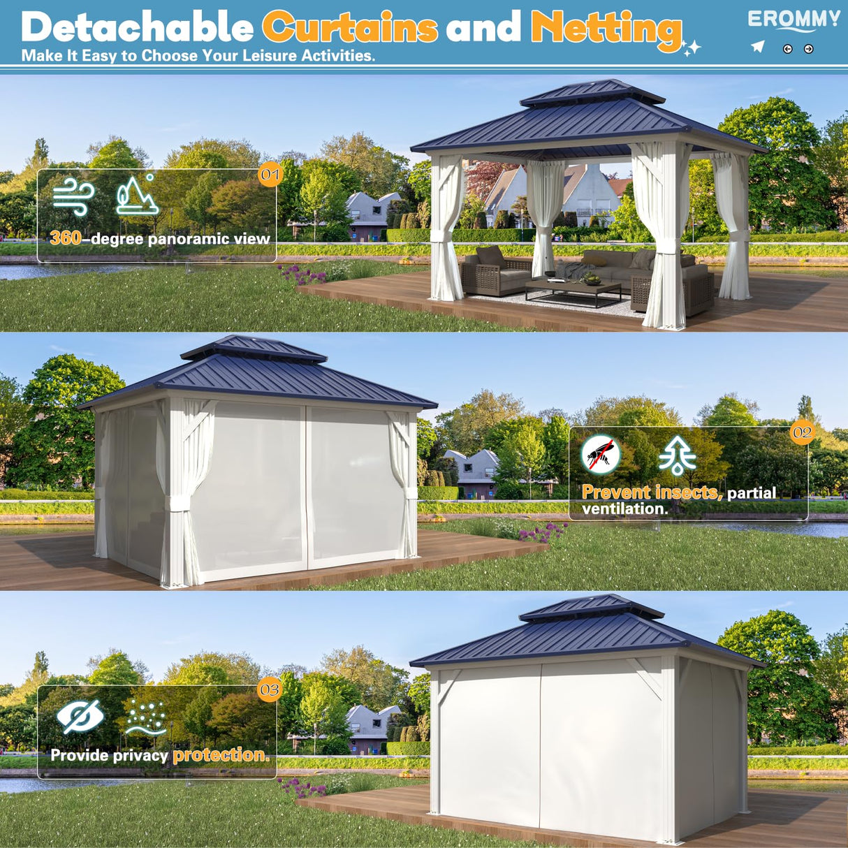 EROMMY 10'x12' Gazebo Hardtop, Galvanized Steel Double Roof Metal Gazebo with Aluminum Frame, Permanent Outdoor Pavilion with Curtain and Netting for Patio Lawn and Garden, Blue EROMMY