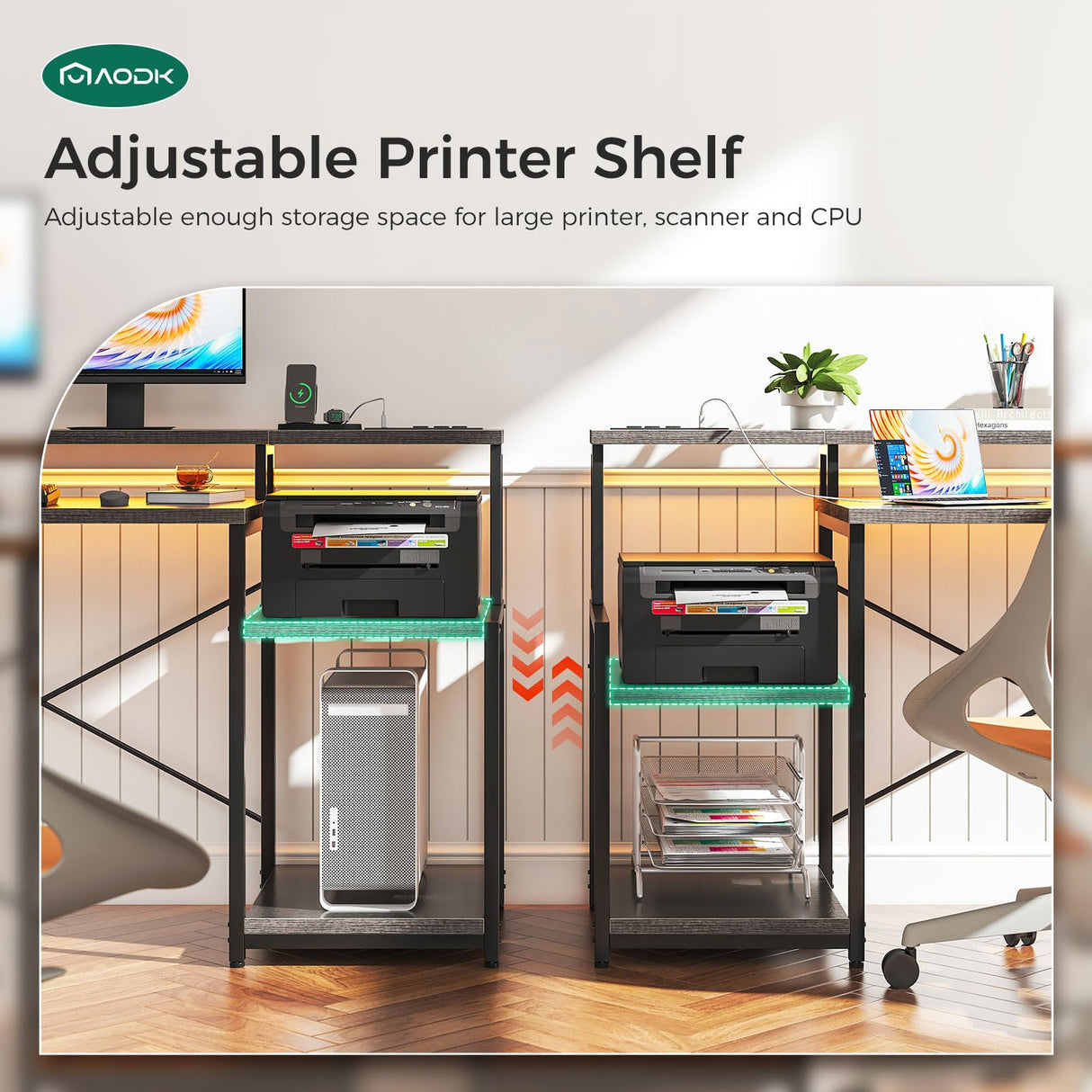 AODK Computer Desk, 48 Inch Gaming Desk with Led Lights & Power Outlet, Office Desk with Printer Storage Shelves, Reversible Desk with Monitor Shelf & Headphone Hook, Grey Oak AODK