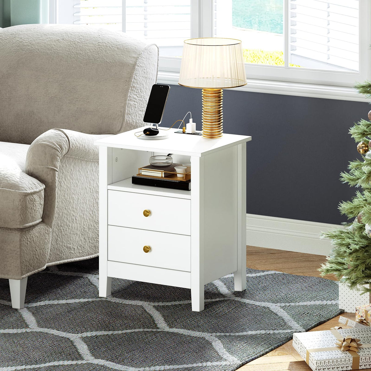 YITAHOME Nightstand with Charging Station, Night Stands with 2 Drawers for Bedroom, Modern Bedside Table End Side Table with USB Ports and Outlets, Set of 2, White YITAHOME