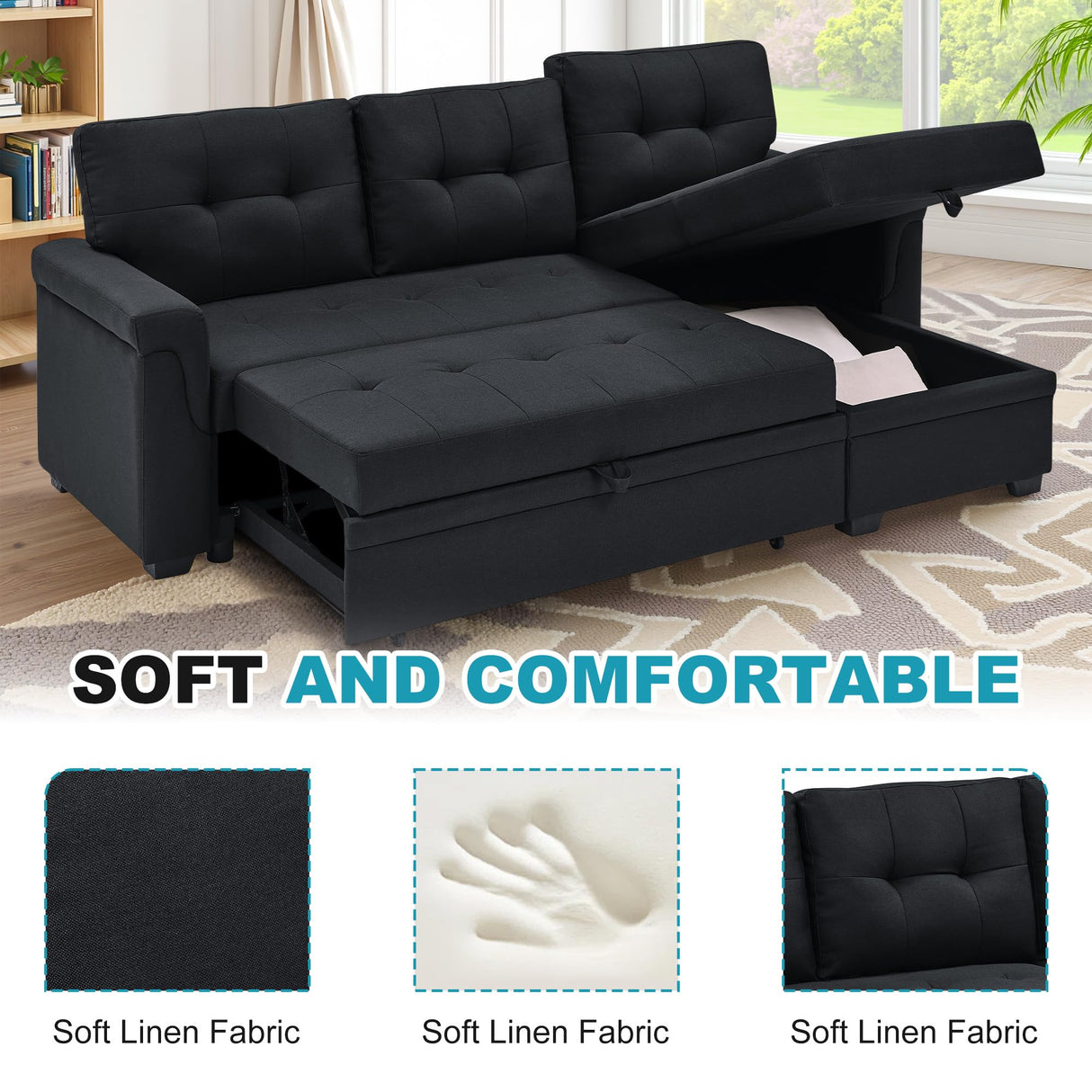 Lyngins L Shaped 3 Seat Sofa Bed with Storage, 86" Sleeper Sofa Couch with Pull Out Chaise Sectional Couch for Apartment, Bedroom, Living Room, Black Lyngins