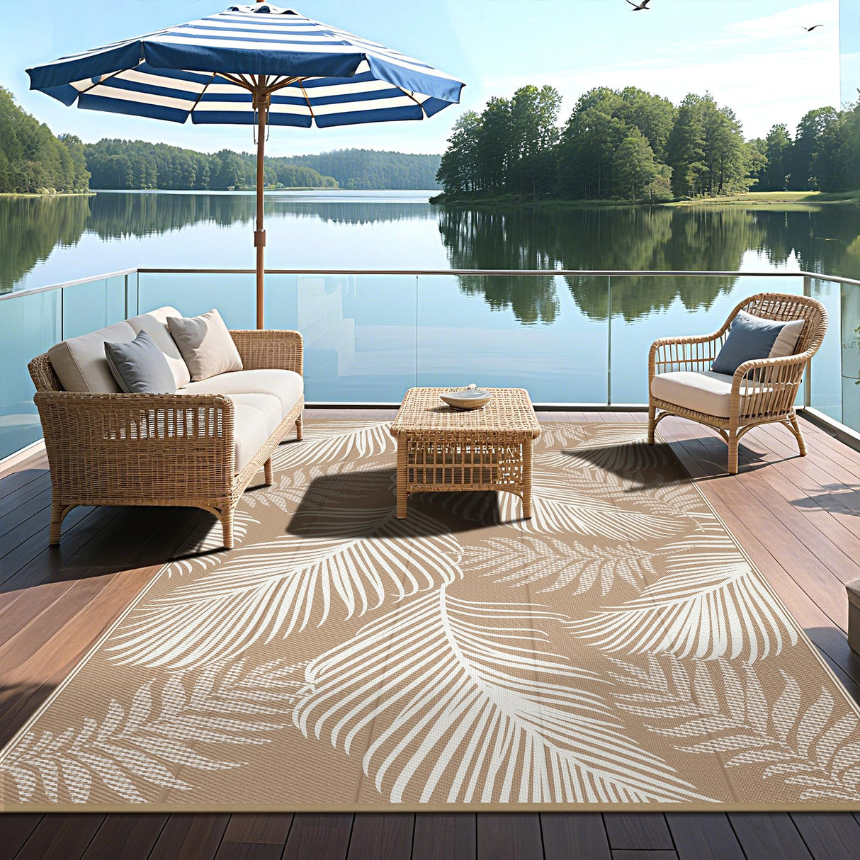 Pauwer Waterproof Outdoor Rug 5x8, Reversible Plastic Straw Patio Camping Rug, Indoor Outdoor RV Mat Carpet for Deck, Camper, Porch, Balcony, Backyard, Picnic, Leaf Brown Pauwer