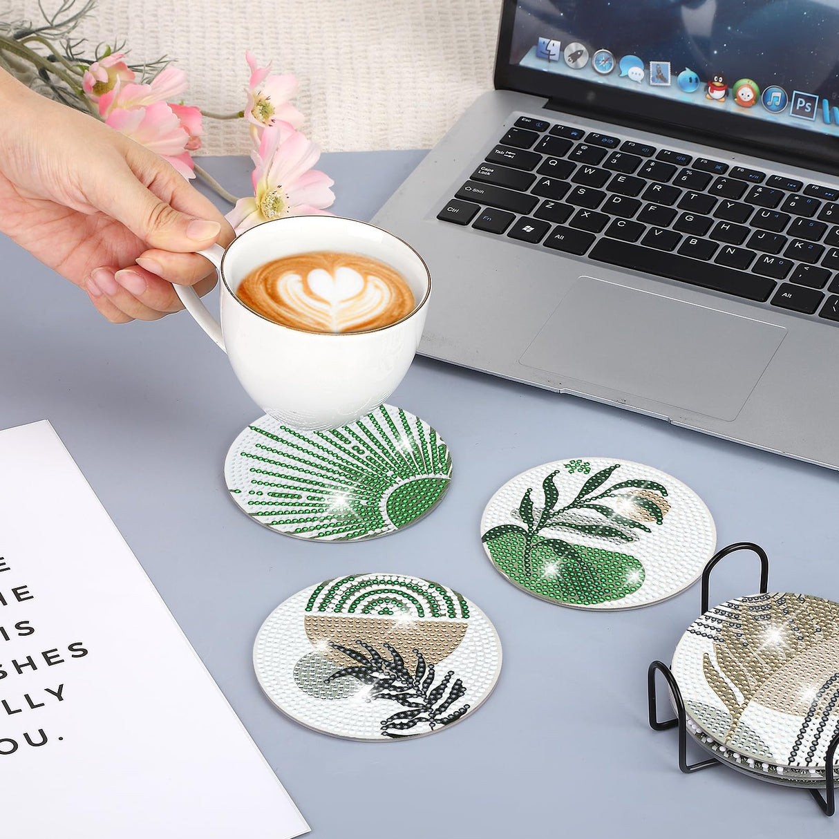 Ovveroche 8 Pcs Diamond Art Painting Coasters with Holder, Diamond Art Coasters Abstract Diamond Art Kits for Adults Beginner Craft Supplies Ovveroche