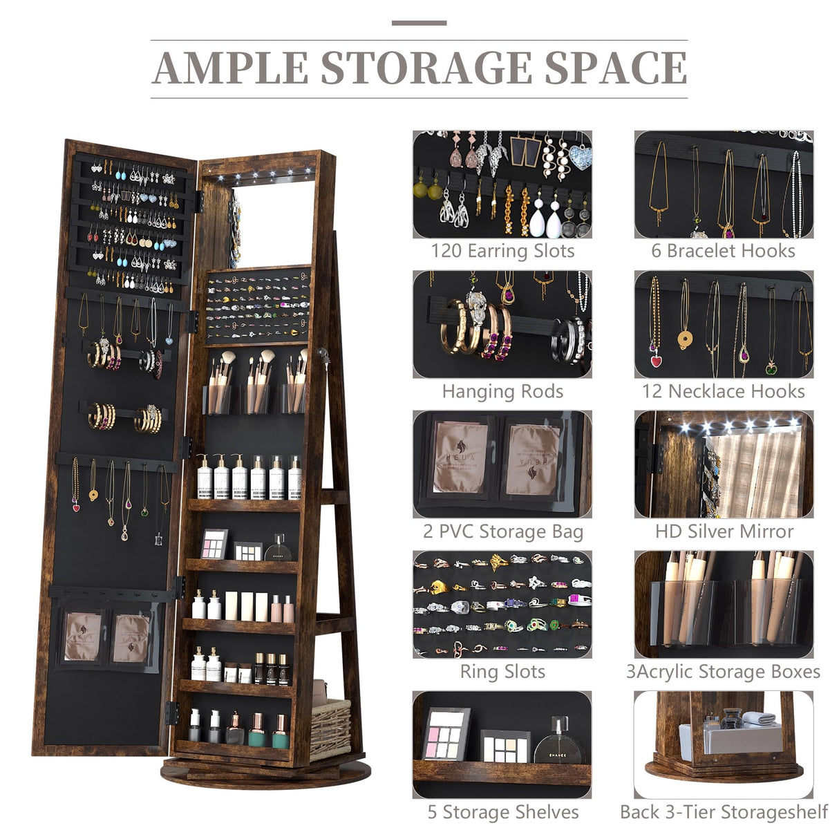 LVSOMT LED Full-Length Mirror Jewelry Armoire for Women, Free Standing Mirror with Jewelry Storage, 360° Swivel Jewelry Cabinet for Bedroom, Dressing room (Retro Brown) LVSOMT