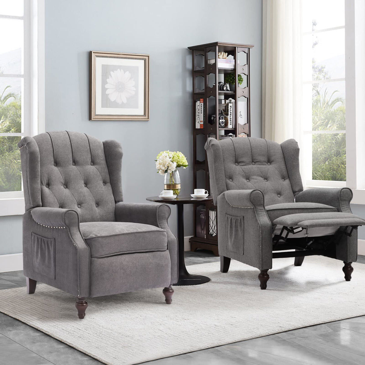 IPKIG Wingback Pushback Recliner Chair - Mid Century Recliner Armchair with Massage and Heat, Rivet Decoration, Button-Tufted Back, Solid Wood Legs for Living Room, Bedroom, Office(Grey) IPKIG