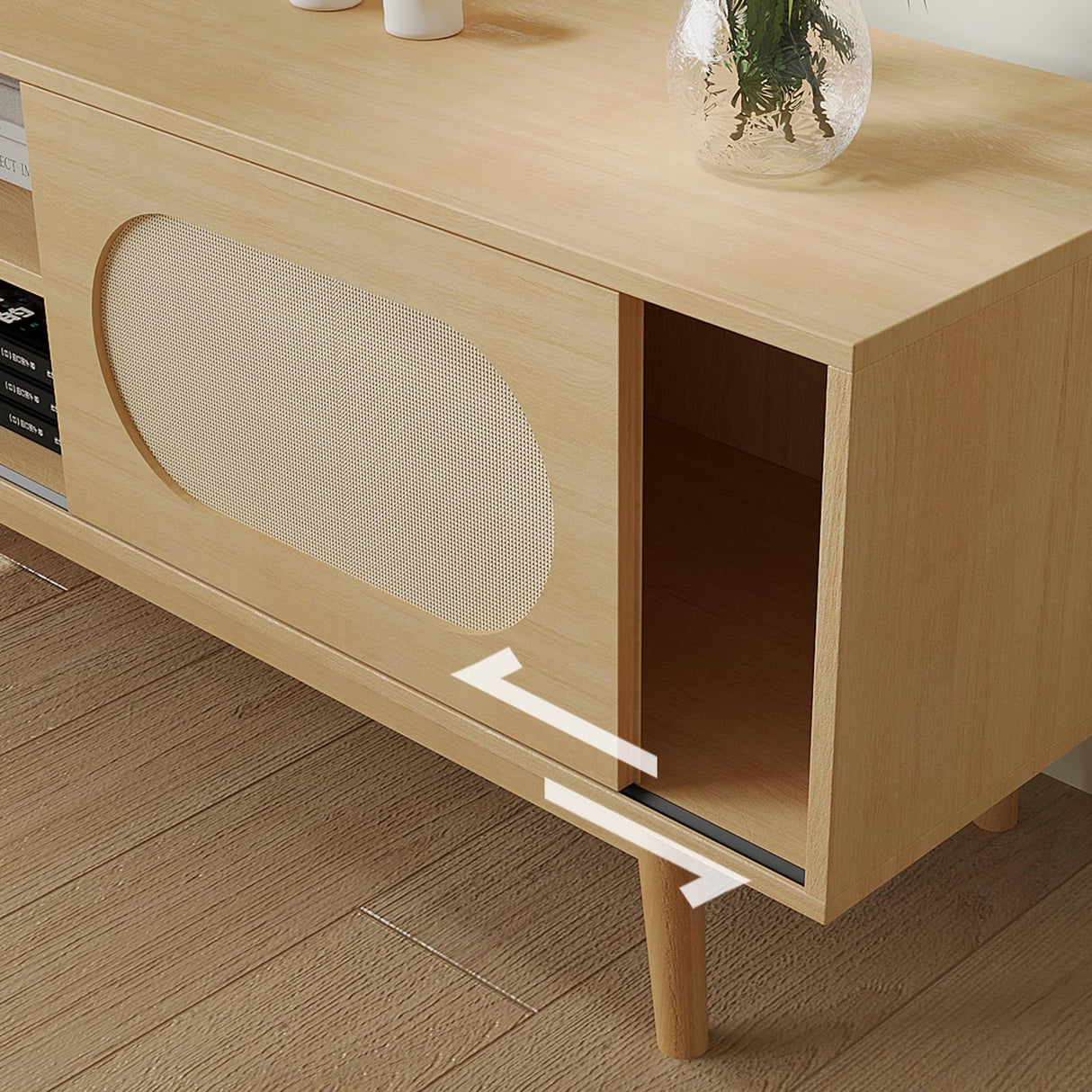 VOWNER Farmhouse Rattan TV Stand for 55/60/65 inch TV, Modern Entertainment Center with Natural Rattan Door and 2 Open Shelves, TV Console Table for Living Room, Wood Color VOWNER