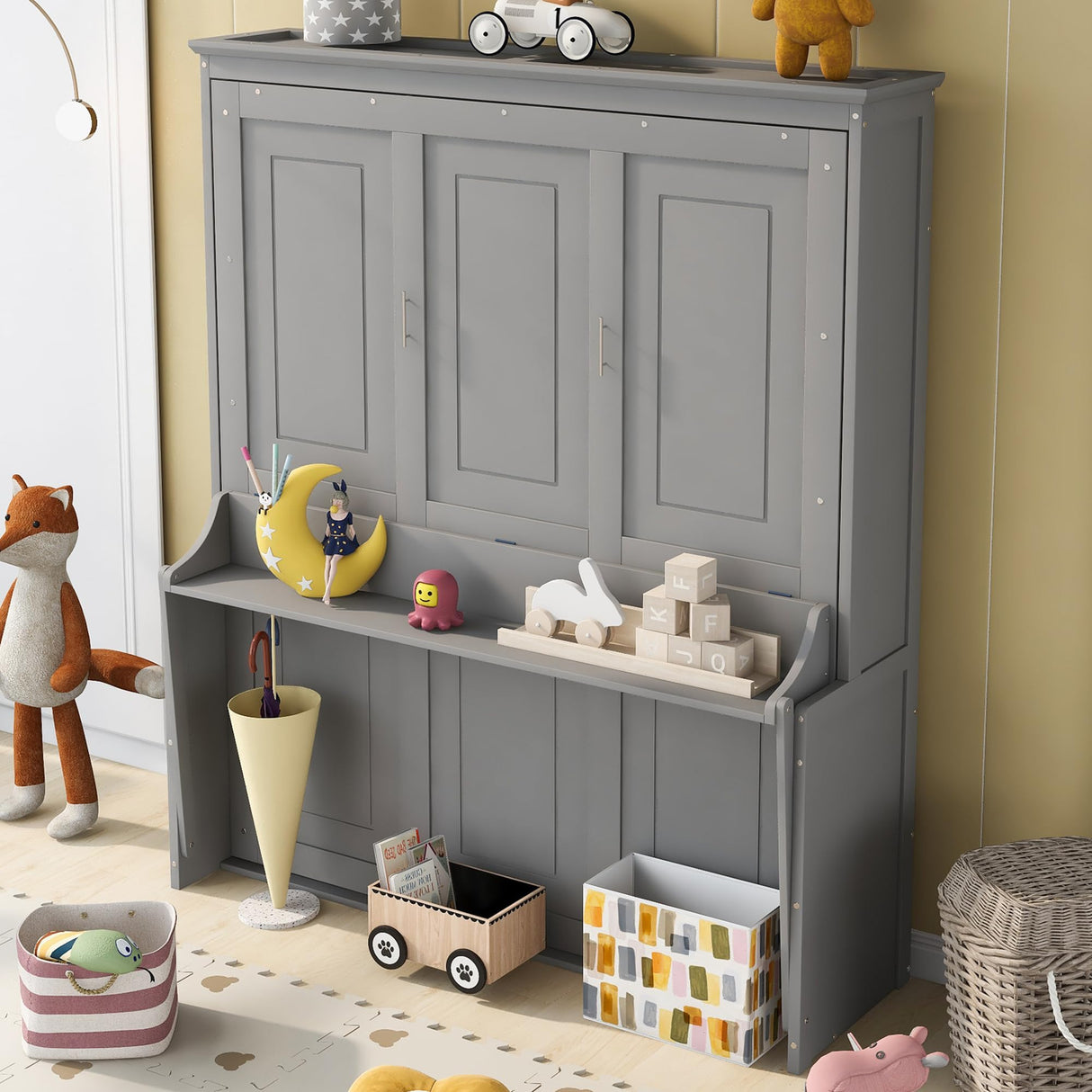 Queen Size Murphy Bed Wall Bed with a Storage Shelf, Space-Saving Wall Bed for Multipurpose Guest Room or Home Office - Gray Harper & Bright Designs