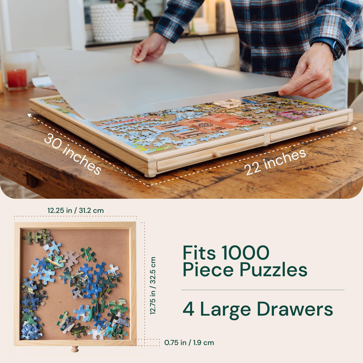 PLAYVIBE Rotating Jigsaw Puzzle Board with Drawers 1000 Piece – Puzzle Table with Cover, 4 Drawers, 22 1/4” x 30" – Wooden Puzzle Organizer – Puzzle Accessories PLAYVIBE
