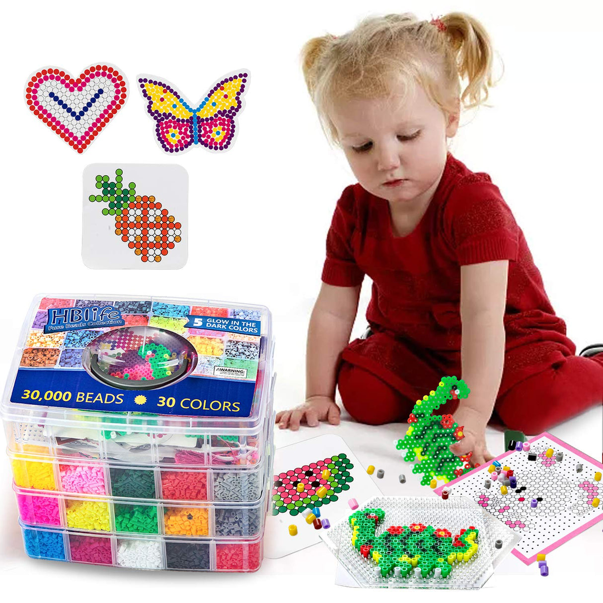 30,000 pcs Fuse Beads Kit 30 Colors 5MM for Kids, Including 10 Ironing Papers,48 Patterns, 7 Clear Pegboards, Tweezers, Perler Beads Compatible Kit HBlife