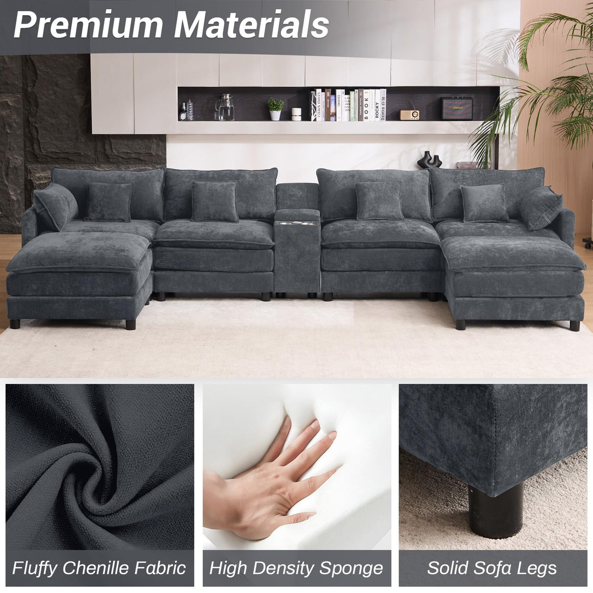 145" Oversized Modular Sectional Sofa U Shaped Cloud Couch 6 Seat Sofa Set for Living Room Comfy Fluffy Chenille Deep Seat with Movable Ottomans, Storage Console, Cup Holders, USB Ports, Dark Grey BEQAI