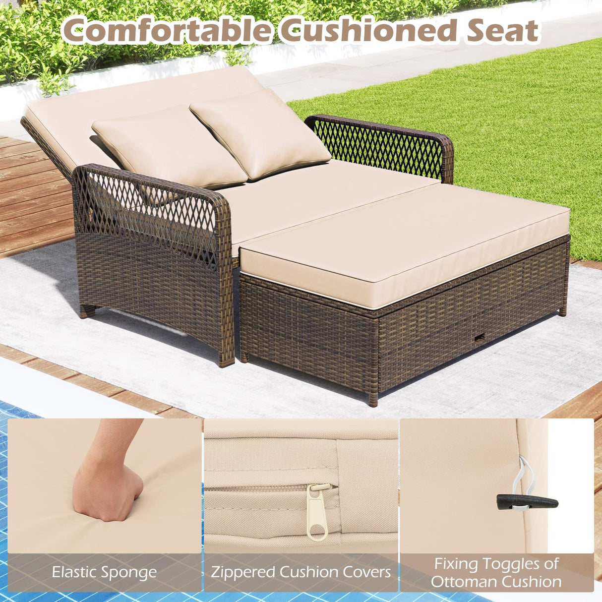 Tangkula Patio Adjustable Wicker Daybed, Rattan Loveseat & Storage Ottoman w/ 4-Level Backrest & Soft Cushions, Space-Saving 2-Person Sun Lounger for Backyard, Porch (Beige) Tangkula