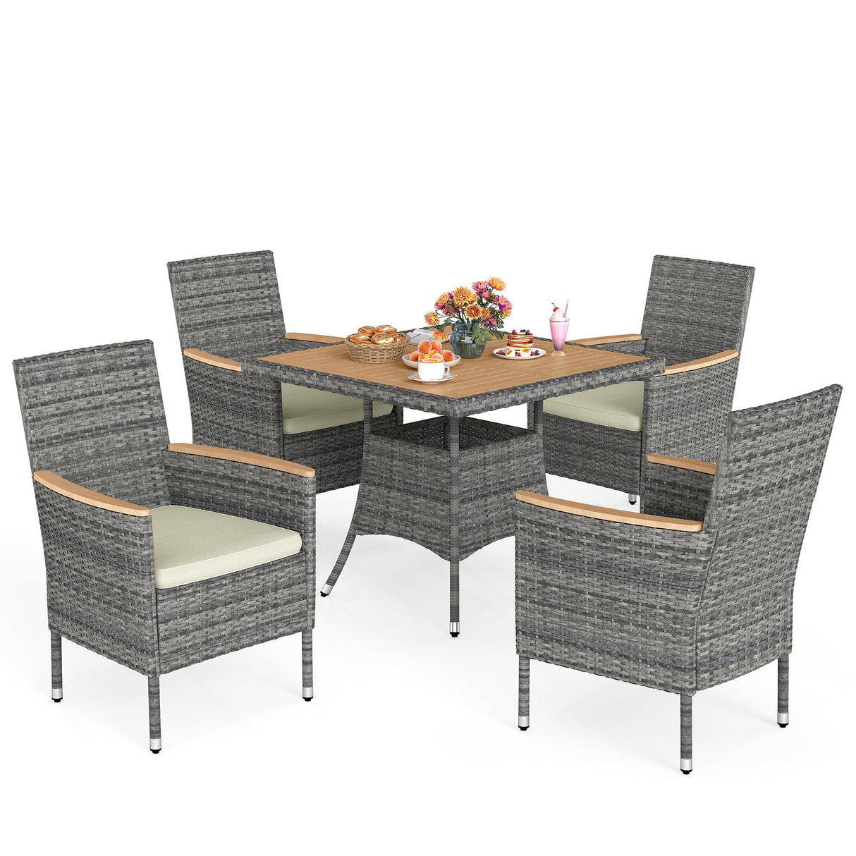Wisteria Lane Patio Dining Sets for 8, All Weather Rattan Outdoor Table and Chairs with Acacia Wood Tabletop, Patio Dining Furniture with Removable Cushions for Deck Garden, Backyard, Gray Wisteria Lane