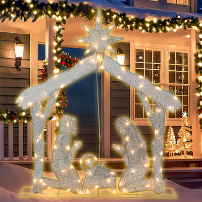 VCUTEKA Christmas Outdoor Decorations - 4FT Christmas Glittering Nativity Scene with Star and 80 LED Light for Xmas Home Yard Patio Lawn Garden Festive Holiday Dรฉcor