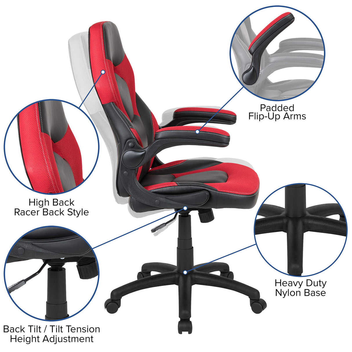 Flash Furniture X10 High-Back LeatherSoft Racing Style Gaming Chair with Flip-Up Arms, Ergonomic Padded Swivel Computer Chair, Red/Black Flash Furniture