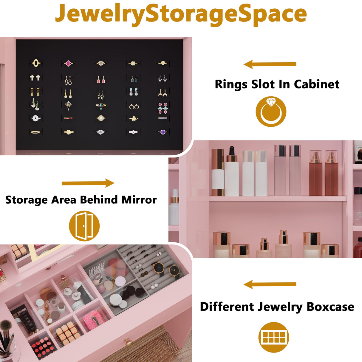 HUANLEGO Vanity Desk with Mirror and Lights, Glass Top Vanity with Lights and RGB Cabinet & Jewellery Organizers, Makeup Vanity Desk with Lights, Power Outlet, Dressing Table for Bedroom, Pink HUANLEGO