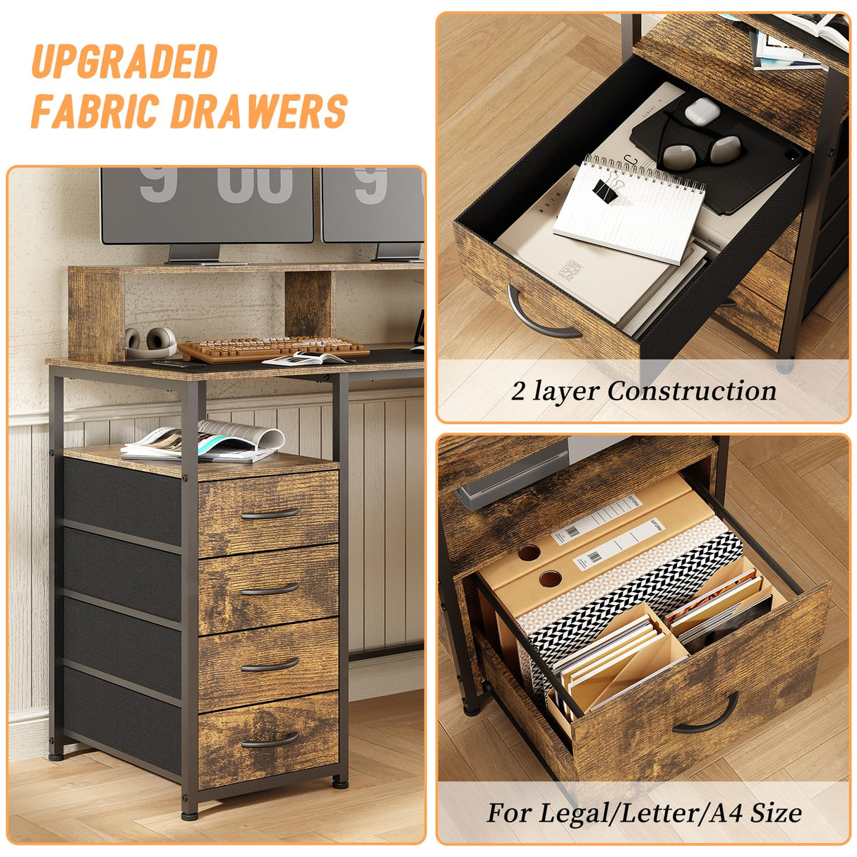 EDWINENE Computer Desk with Drawers, 67 Inch Office Desk with Storage and Power Outlet, Work Table for Home Office, Gaming Desk with Led Lights, Rustic Brown EDWINENE