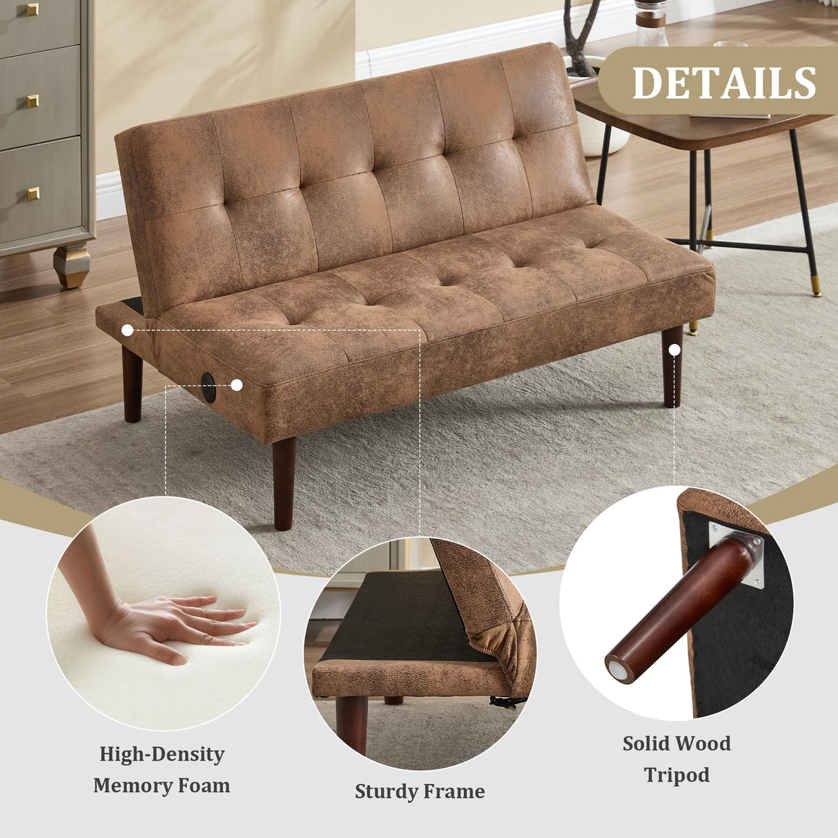 Convertible Futon Sofa Bed, Faux Leather Futon Couch with Adjustable Backrest and Usb Port, Modern Folding Couch For Small Spaces Living Room Sleeper Bed for Living Room,Bedroom,Office (Coffee) Klwenas Maec