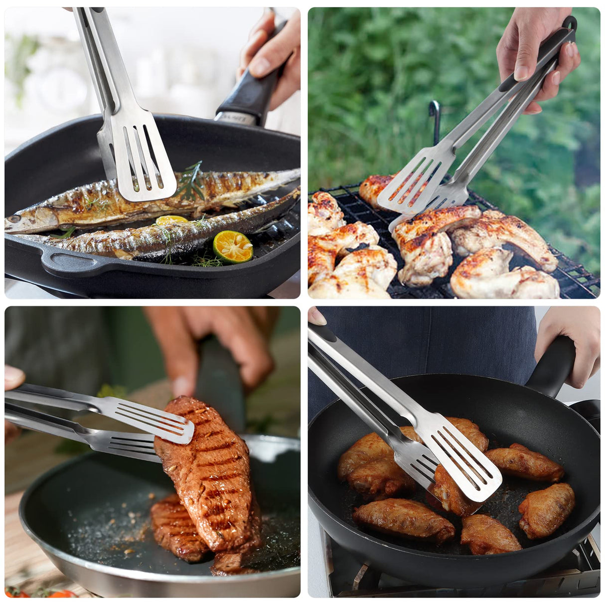 Lebabo Metal Tongs for Cooking, Set of 2 Stainless Steel Spatula Tongs for Grilling, Cooking and Flipping, Strong Grip for Ribs, Steak and Fish, Comfortable Grip, Easy Pull Lock, 9 inch & 12 inch Lebabo