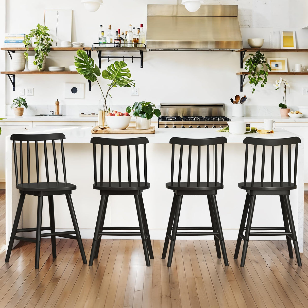 LUE BONA 360° Swivel Bar Stools Set of 4, Black Windsor Barstools, Counter Height Barstool with Spindle Back, 24 inch Farmhouse Wooden Counter Stools for Kitchen Island, Pub, Bistro, Cafe LUE BONA