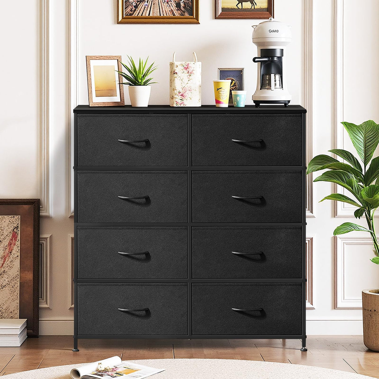 8-Drawer Dresser for Bedroom, Anti-Tip Tall Storage Organizer Chest of Drawers with Wooden Top and Metal Frame Fabric Bins for Closet, Living Room, Hallway, Entryway, Black SageNest