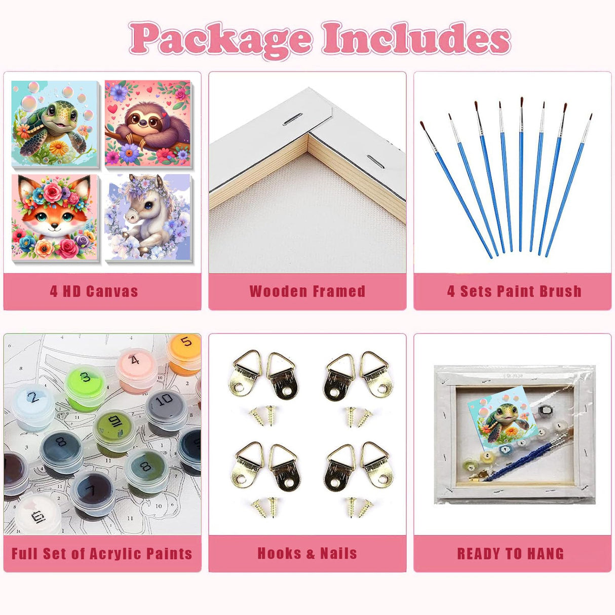 4 Pack Animal Paint by Number for Kids with Wooden Frame, Paint by Numbers for Kids Animals Ages 4-8-12, Easy Sloth Fox Sea Turtle Horse DIY Acrylic Oil Painting Kits for Home Wall Decor (8X8 inch) xackcme