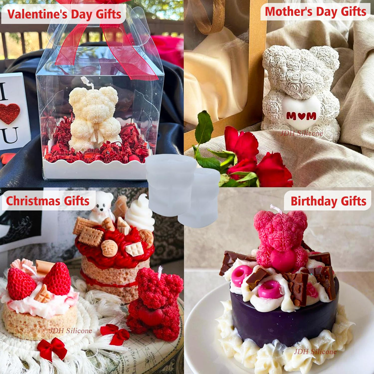 2PCS Rose Bear Silicone Mold,3D Teddy Bear Candle Making Molds,Silicone Epoxy Resin Mould,Ornament for DIY Wax Candle Art Craft Cake Chocolate Home Decor Valentine Gifts Birthday Gift(MINI) JDH Silicone