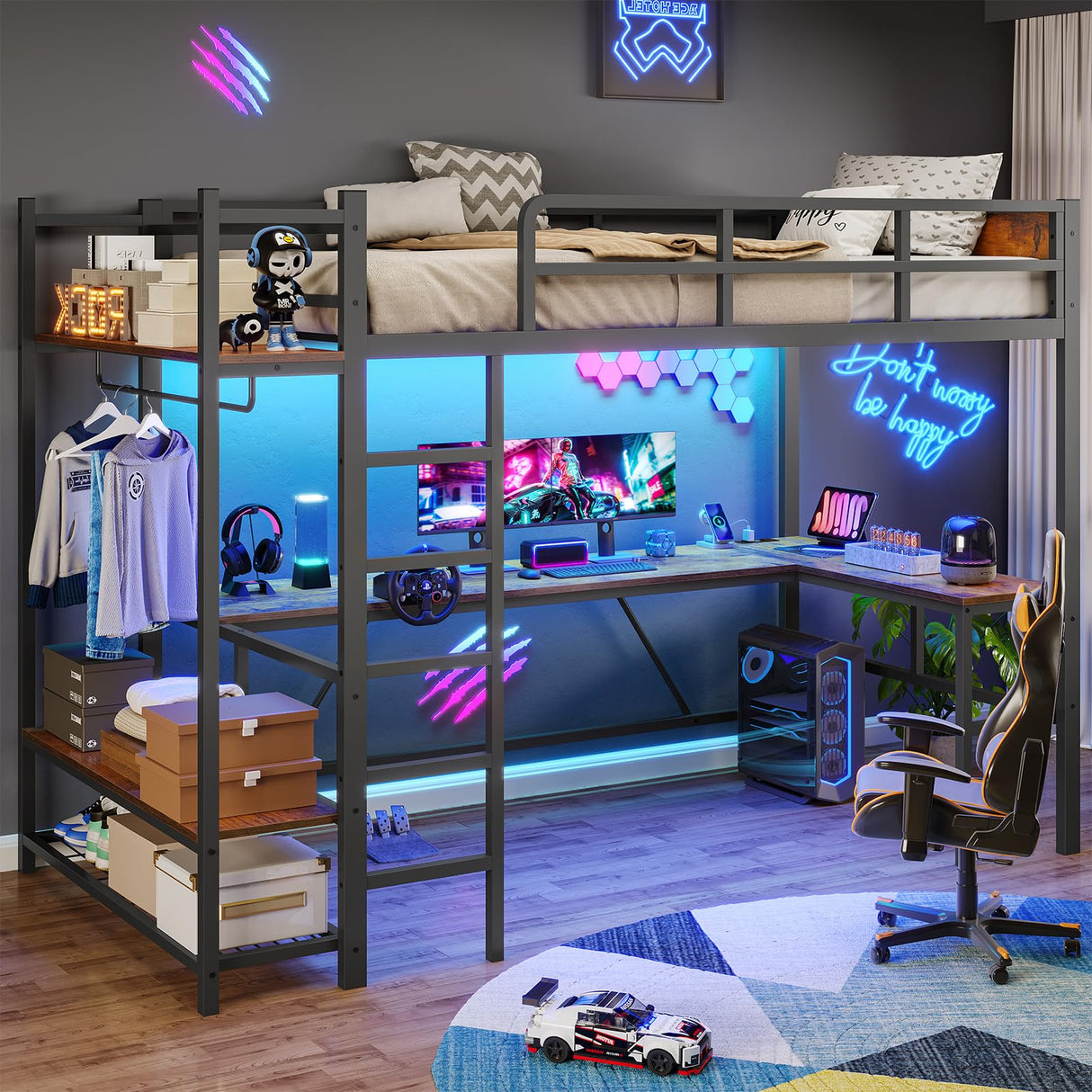 Itaar Twin Loft Bed with L-Shaped Desk, LED Lights and Charging Sation, Loft Bed Twin Size with 3-Tier Storage Shelves and Clothes Rail, Safety Guard & Ladder, No Box Spring Needed, Rustic Brown Itaar